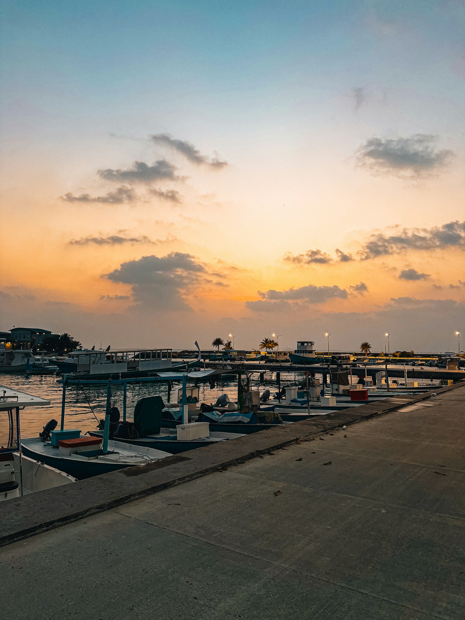 Bateaux au port au coucher du soleil